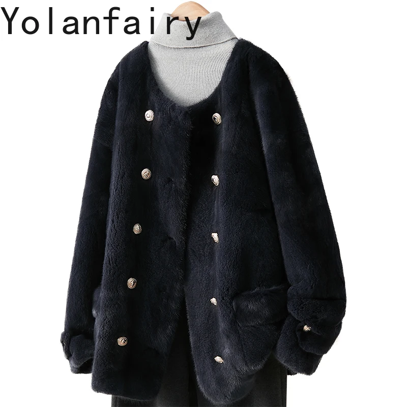 YOLANFAIRY Jesienno-Zimowe Kurtki z Naturalnego Futra Norki dla Kobiet, Luźny Krój, Okrągły Dekolt, Modne Okrycia Wierzchnie z Naturalnego Futra, Płaszcze Futrzane 2025