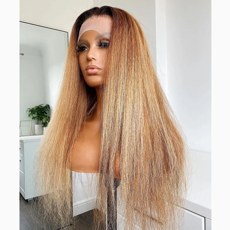 Kinky Straight Lace Front Wig para Mulheres, Glueless, Longo, Loiro, Yaki, 180 Densidade, Ombre, Cabelo do Bebê, Resistente ao Calor, Pré-arrancado, Diariamente, 26"