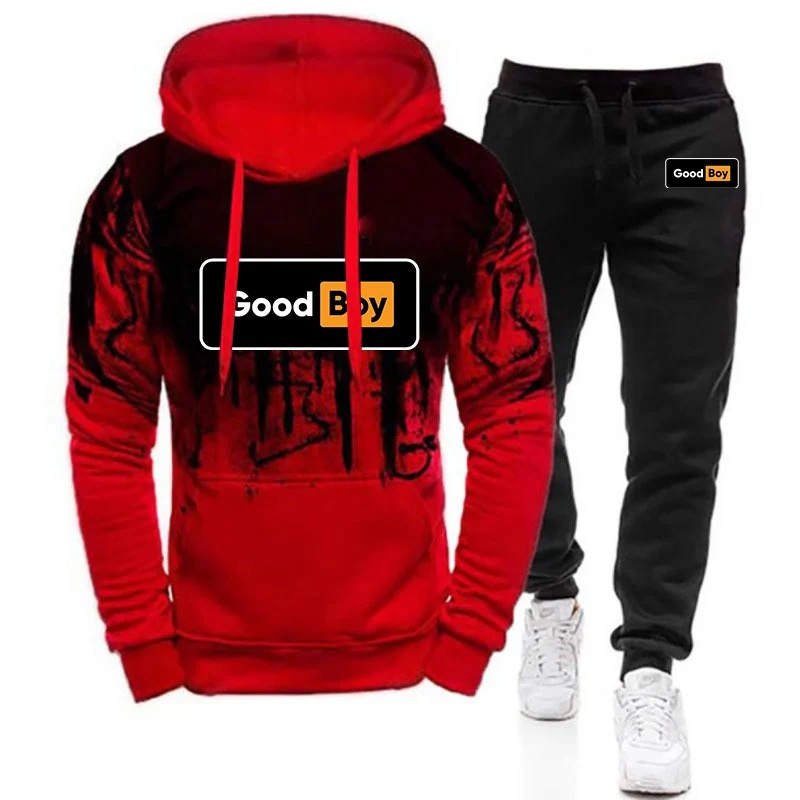 Spring And Autumn 2025 Men's Good Boy Logo Print Creative Graphic High Street Gradient Color Drawstring Hoodies Pants Suits