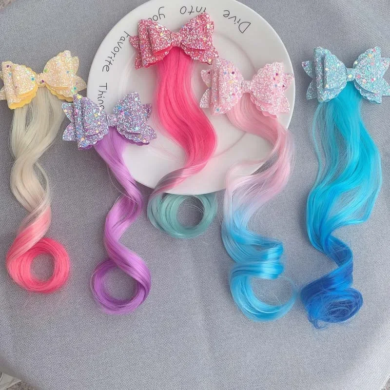 New Korean Bows Hair Clips Princess Ties Girls Colorful Wigs Unicorn Ponytail Hair Clips Headwear Braid Kids Gift Accessories