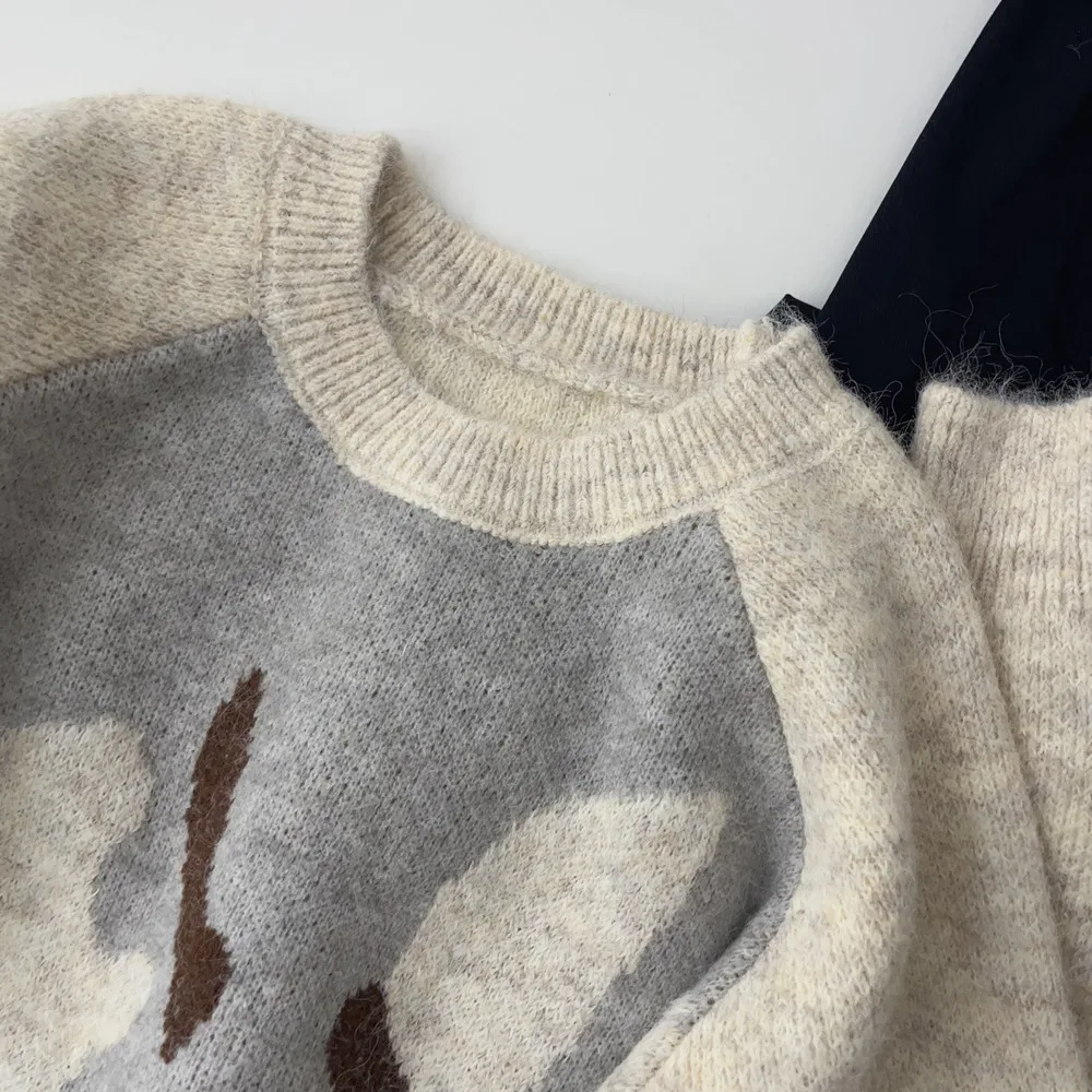 Koreaanse stijl met raglanmouwen, eenvoudige ronde hals, verdikte trui, losse, casual, veelzijdige top voor dames