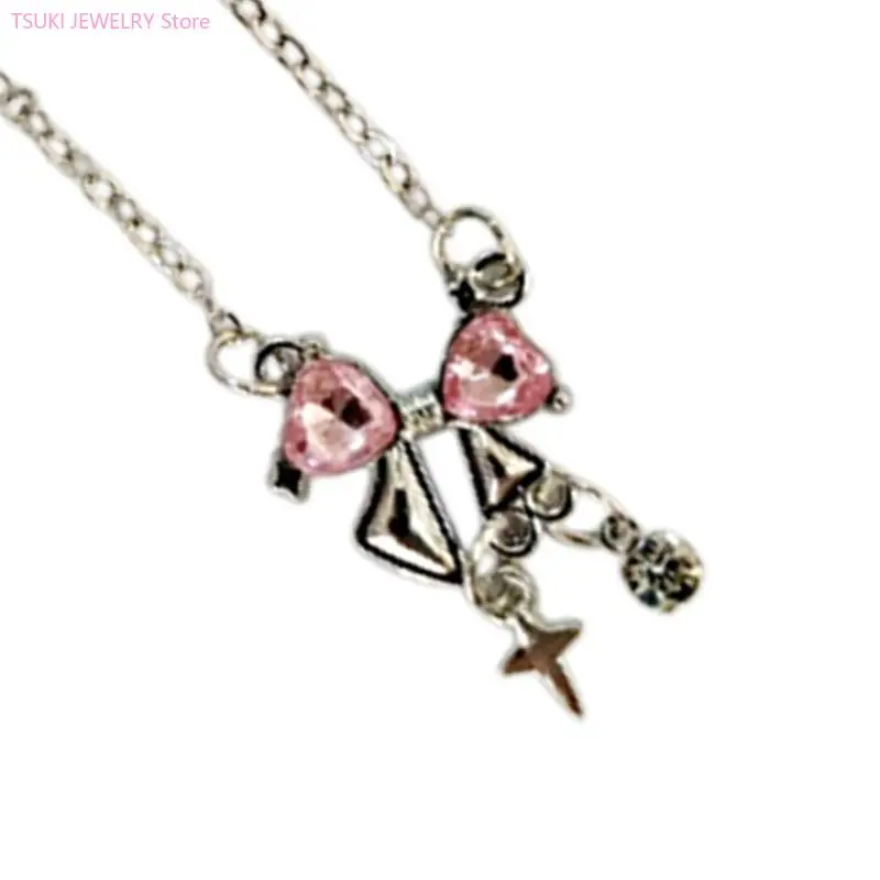 62KE Stylish Pink Bowknot Pendant Necklace Sparkling Clavicle Chain Alloy Texture Perfect for Daily Wear and Social Event