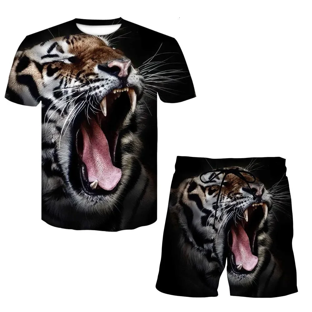 2025 3D printed tiger pattern summer new men's animal tiger sportswear fashionable short sleeved two-piece set
