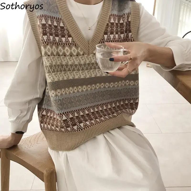 여성용 스웨터 조끼, 트렌디한 루즈한 우아한 니트 V넥, 아늑한 레저 기질, 올매치 부드러운 스트리트웨어, 얼짱 레트로 S-3XL