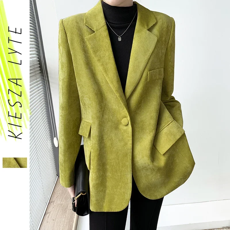 Green Corduroy Suit Jacket Women Spring Aututmn 2024 New Winter Korean Oversized Blazer Jacket Chic Solid Outwear Blaser