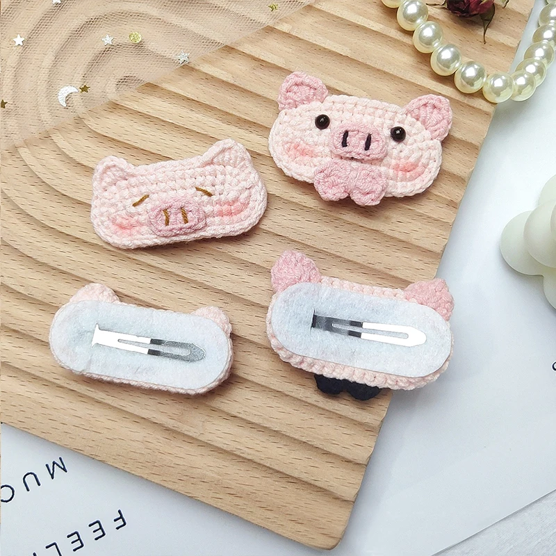 Pinza de pelo de ganchillo de cerdo Rosa Kawaii para niña, pasadores de dibujos animados lindos hechos a mano, horquilla de punto, accesorios para el cabello, decoración