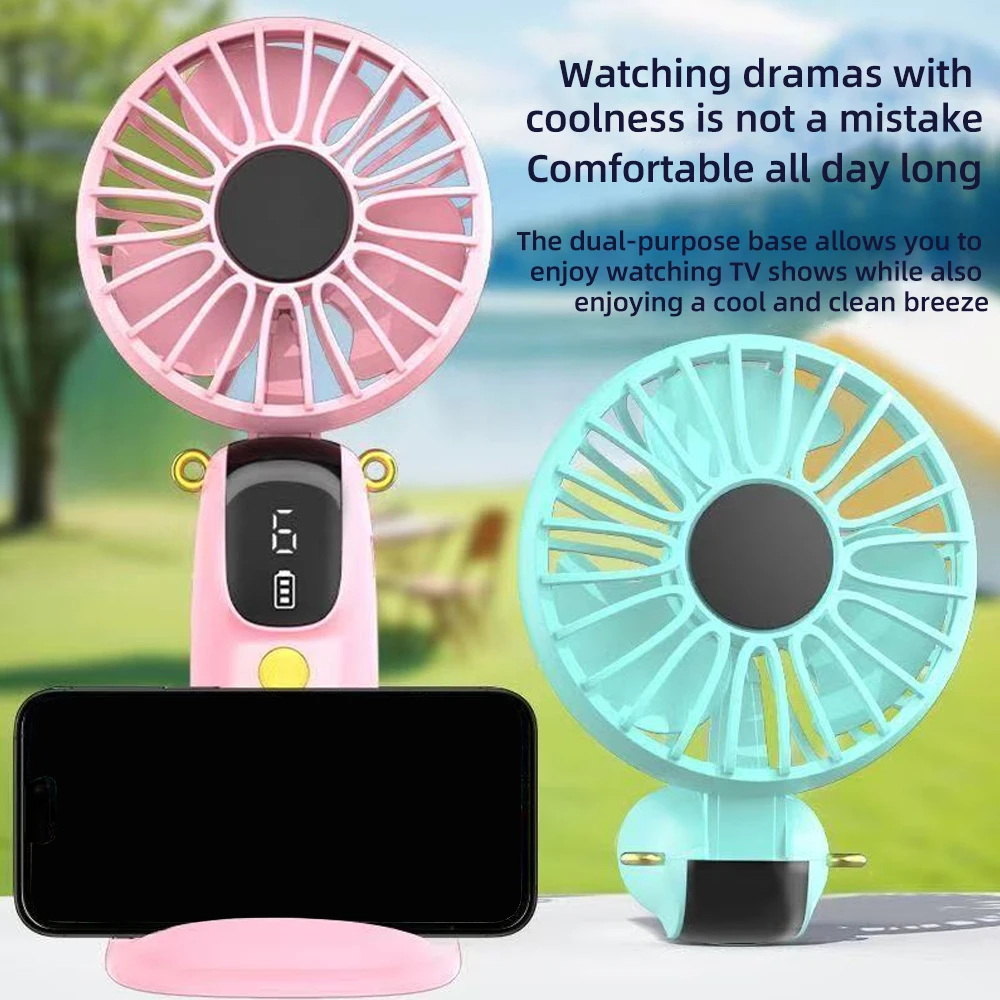 Foldable USB Mini Fan  6 Speeds  Rechargeable  Neck Hanging  Built in Phone Stand  LCD Display  Portable Cooling