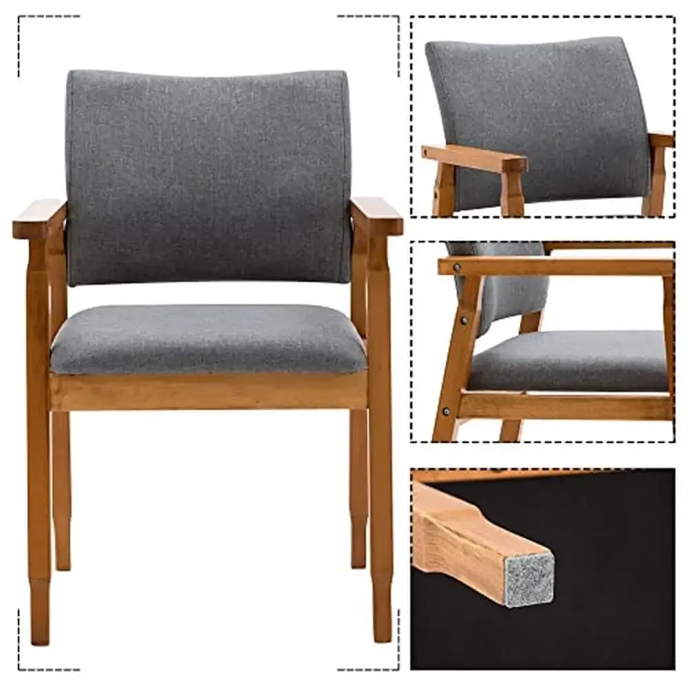 Set of 4 Modern Walnut Dining Chairs Grey Fabric Wood Armrests Kitchen Cafe Furniture