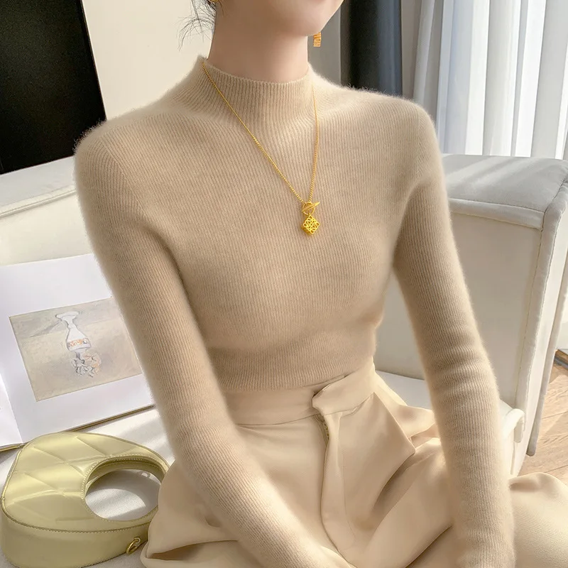 

Women's Cashmere Knitted Base Shirt Half High Collar Tight Fit Soft Skin-friendly Inner Wear Full Sleeve Solid Color Sweater