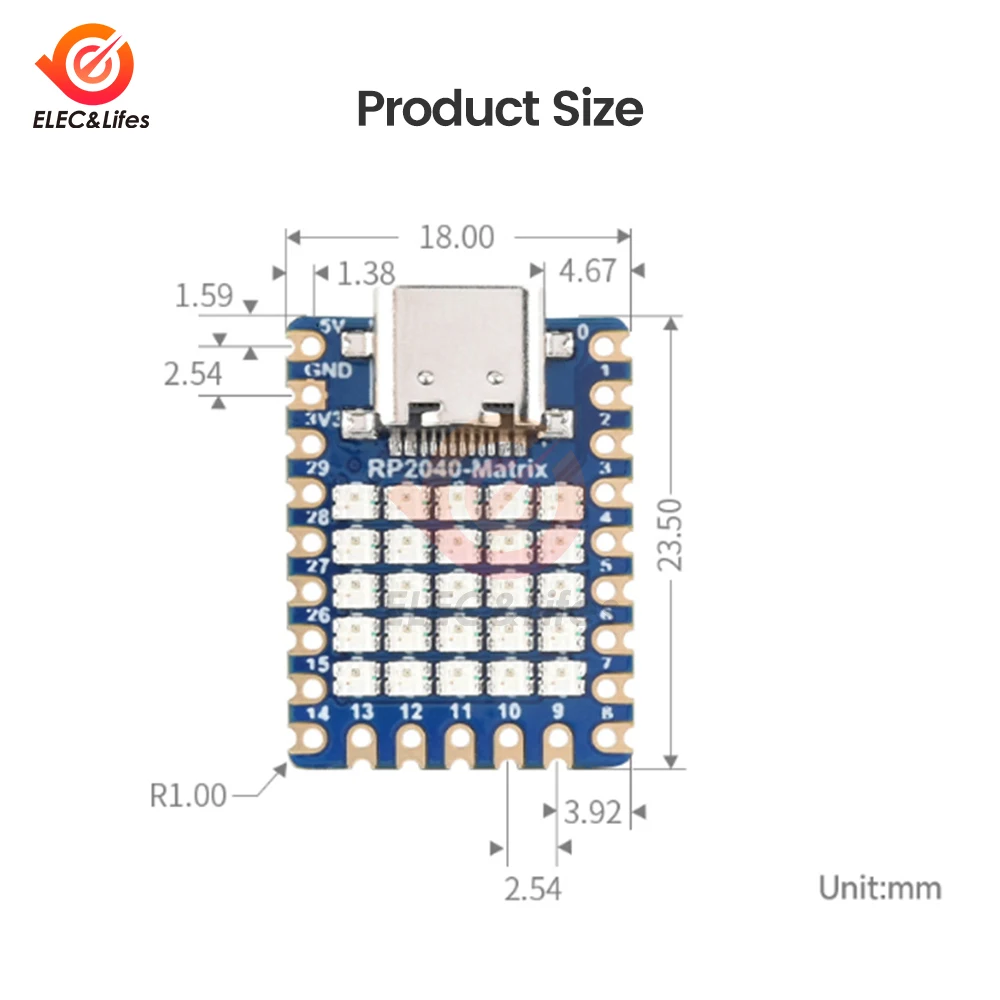 للوحة تطوير Raspberry Pi RP2040-Matrix 5 × 5 RP2040 RGB LED Matrix استنادًا على معالج RP2040 ثنائي النواة