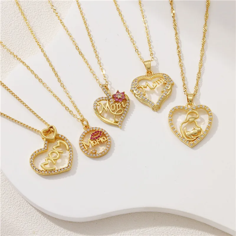 Monkton Mom Heart Pendant Necklace For Women Crystal Zircon Hollow Heart Necklaces Mother's Day Gift Mama Family Jewelry