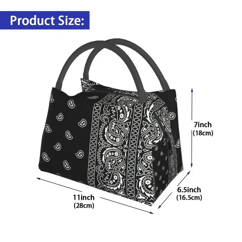 Black And White Paisley Chicano Bandana Style Insulated Lunch Bags for Black And White Thermal Cooler Lunch Tote Work Picnic