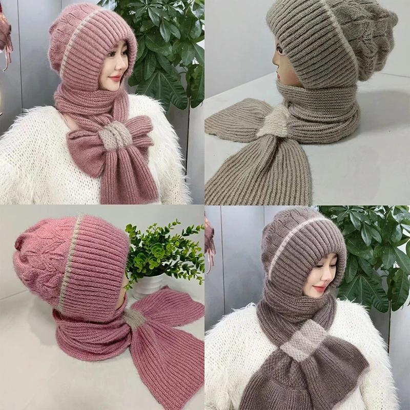 Winter Knitted Skullies Hat Scarf Set Cold Proof Ear Protection Scarf Warm Girls Beanies Cycling Windproof Ladies Outdoor Caps