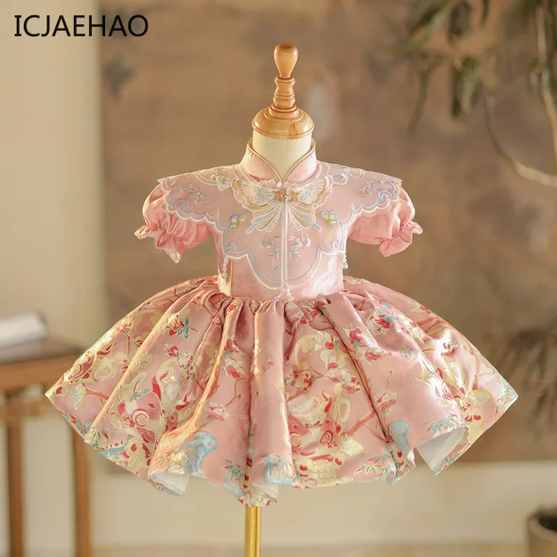 ICJAEHAO 2025 One Year Old Baby Girl Grab Week Princess Dress Summer Matching Outfit Chinese Guofeng Banquet Clothes for Eid