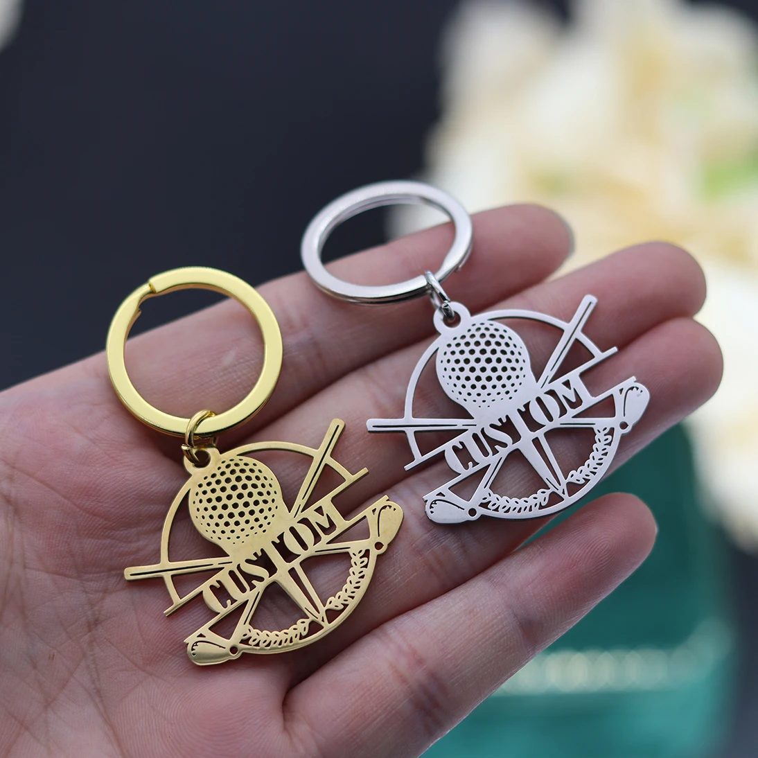 QIAMNI Custom Name Golf Ball Key Chain Stainless Steel Tennis Engraved Nameplate Date Keyring Sport Party Souvenir Gift Keychain