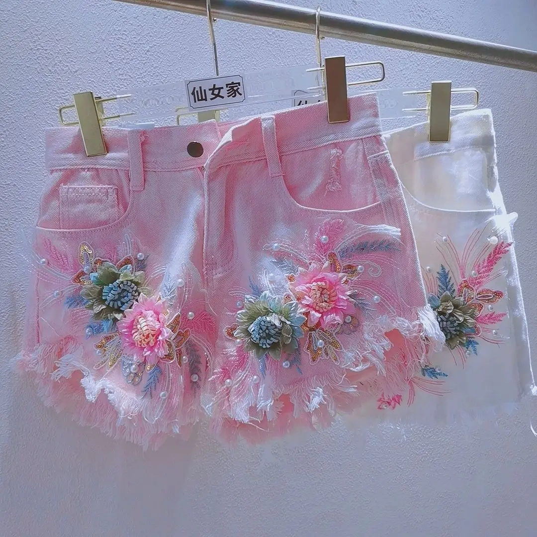 Heavy Industry Beading 3d Flower Patchwork Tassel Ripped Jeans Summer New Sweet Cool Girl Hip-hugging Denim Shorts Y2k Shorts