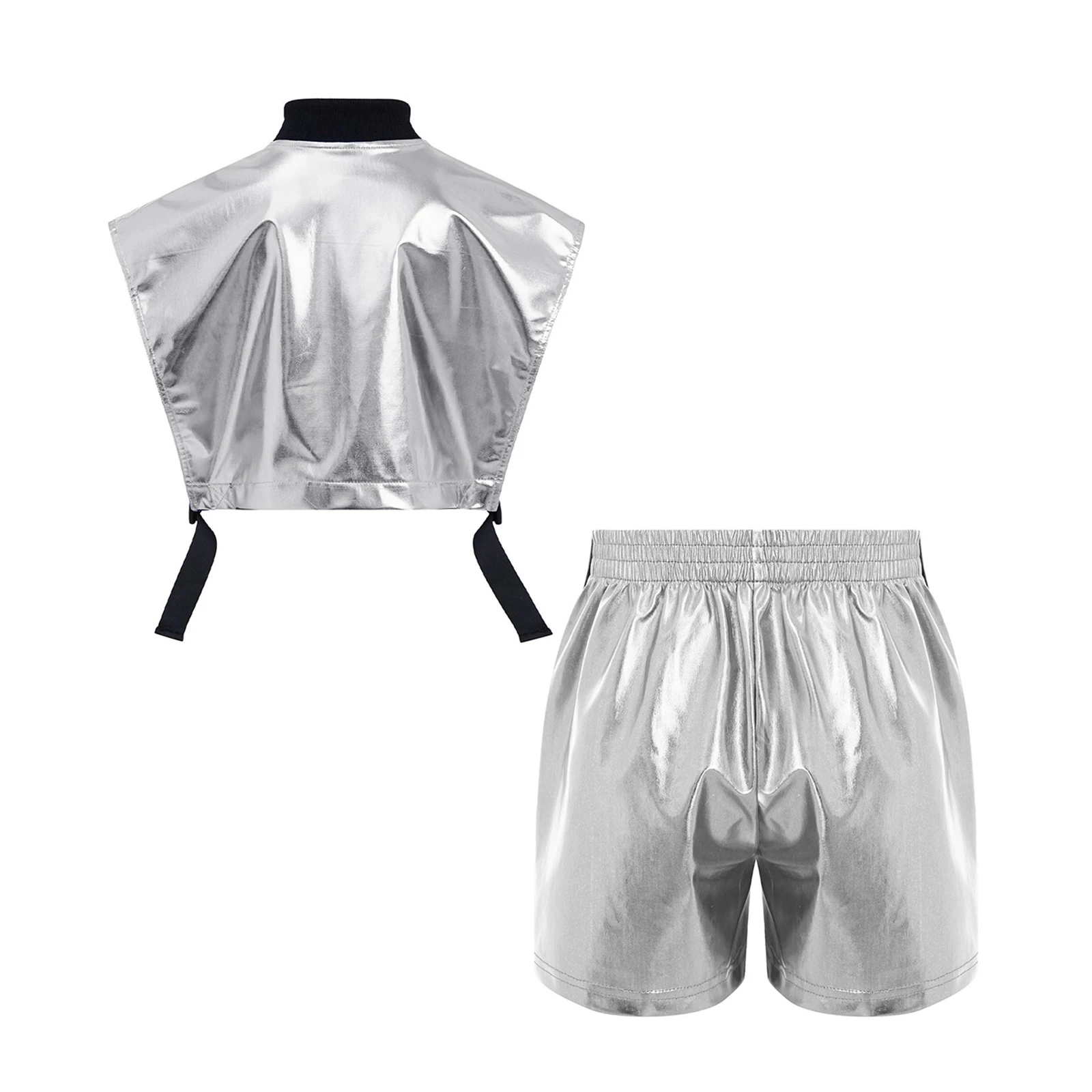 Kinder Mädchen Hip-Hop Jazz-Tanz-Outfit Aufführungskostüm mit seitlich geöffneter Metallweste mit Reißverschluss und seitlichen Druckknöpfen sowie glänzenden Shorts – Detail 4