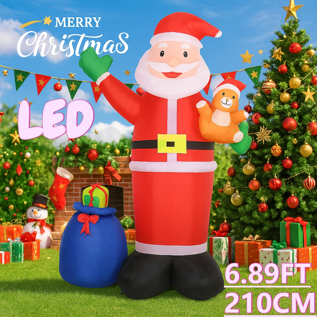 6.89ft brinquedos infláveis de natal quintal gramado festa decoração papai noel saco de presente urso de pelúcia led iluminado casa suprimentos ornamentos