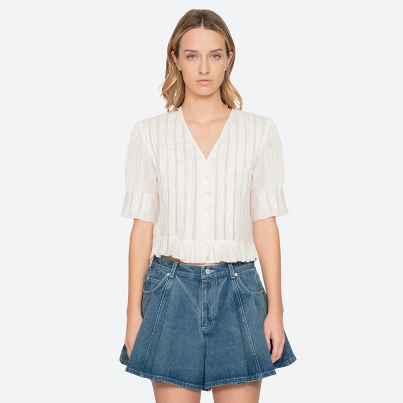 

Pure Cotton Yellow White Women's Shirt V-neck Short Sleeve Pleated Five-bite French Style Loose Fit Spring Summer New Arrival