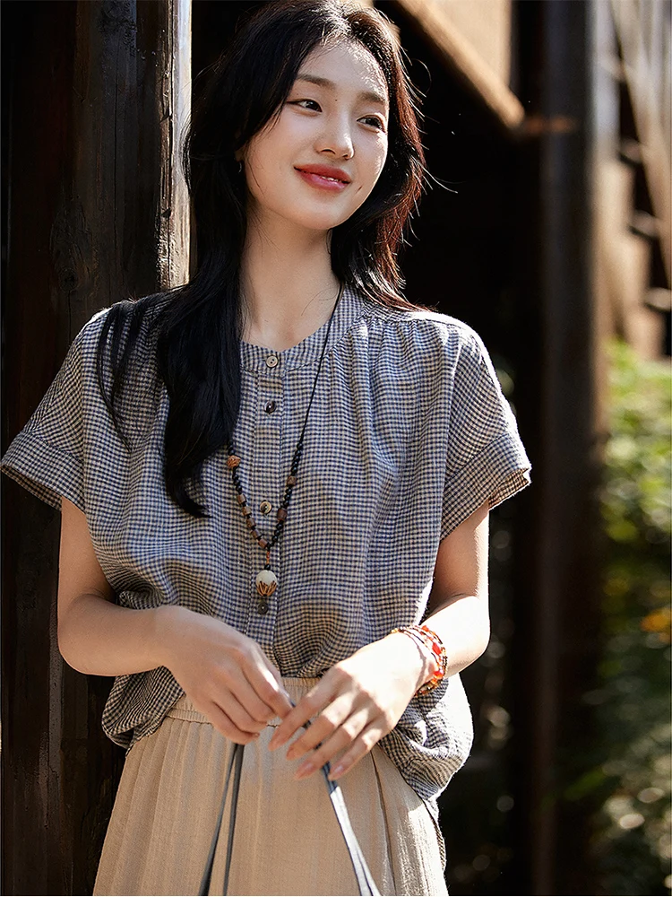 

Pure Linen Short Sleeve Shirt Xhange Cool Summer Small Grid Pattern Women's Business Casual round Neck Button up Top