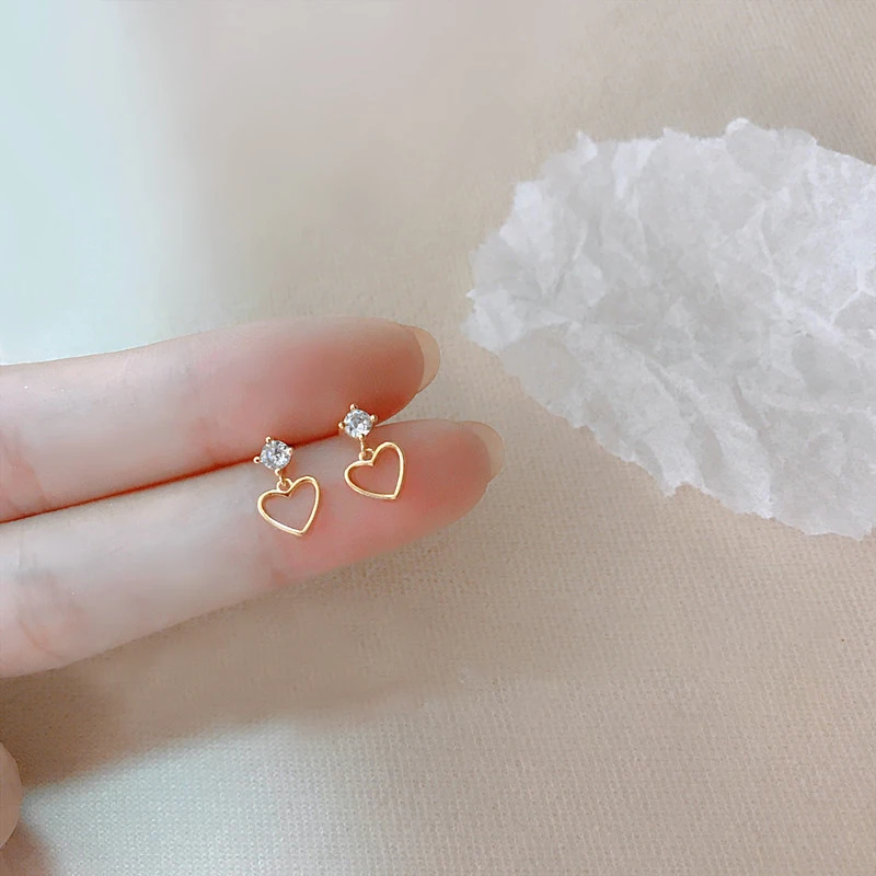 New Small Zircon Hollow Heart Dangle Earrings For Women Girls Gold Color Elegant Charm Jewelry Accessories Birthday Party Gifts