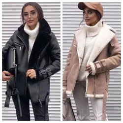 New Woman's Fashion Thick Warm Faux Shearling Jacket Coat Vintage Long Sleeve Belt Hem Female Outerw