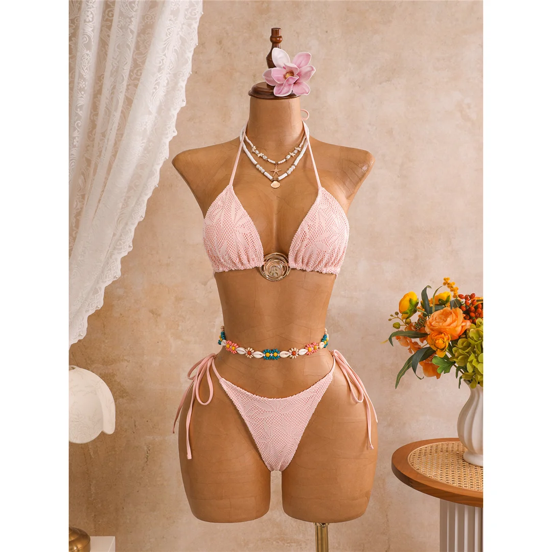 Mit Sarong-Blättern bedruckter Neckholder-Bikini, Damen-Badeanzug, dreiteiliges Bikini-Set, Badebekleidung, Badeanzug, Schwimmanzug V8367 – Detail 29