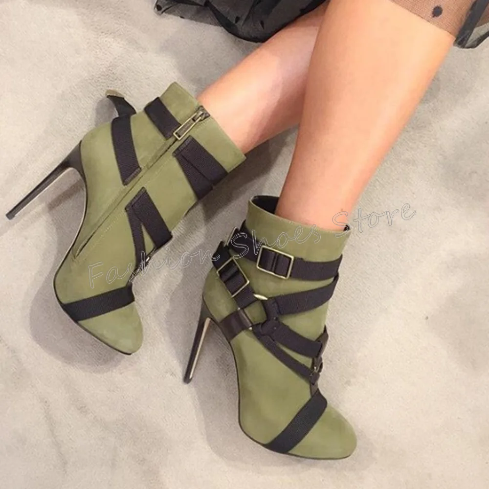 

Green Side Zipper Buckle Decor Ankle Boots Stilettos High Heels High Heel Shoes for Women Heels 2025 New Zapatos Para Mujere