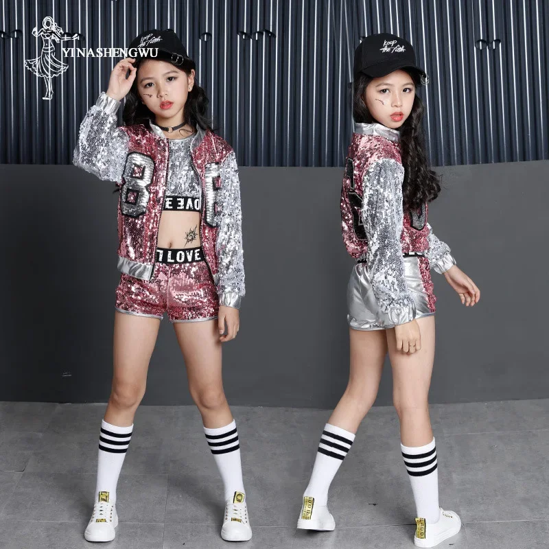 ピンクスパンコールシャイニングストリートダンスジャケット子供衣装子供の日ステージパフォーマンス衣装ジャズダンス衣装