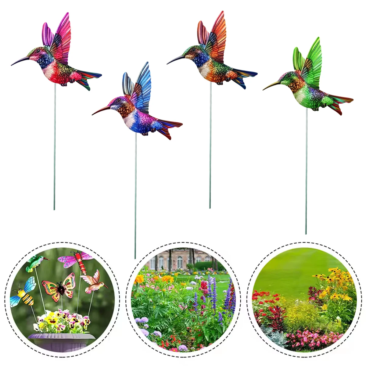 4PCS/Set Metal Hummingbird Stakes Art Sculptures Outdoor Durable Iron Ornaments Garden & Home Decor Yard Lawn Patio Garden Decor