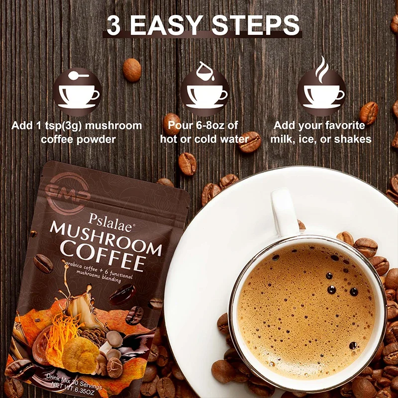 Complément de café champignon crinière de Lion avec Reishi, Cordyceps et queue de dinde, énergie, clarté et concentration mentale, rehausseur de cerveau