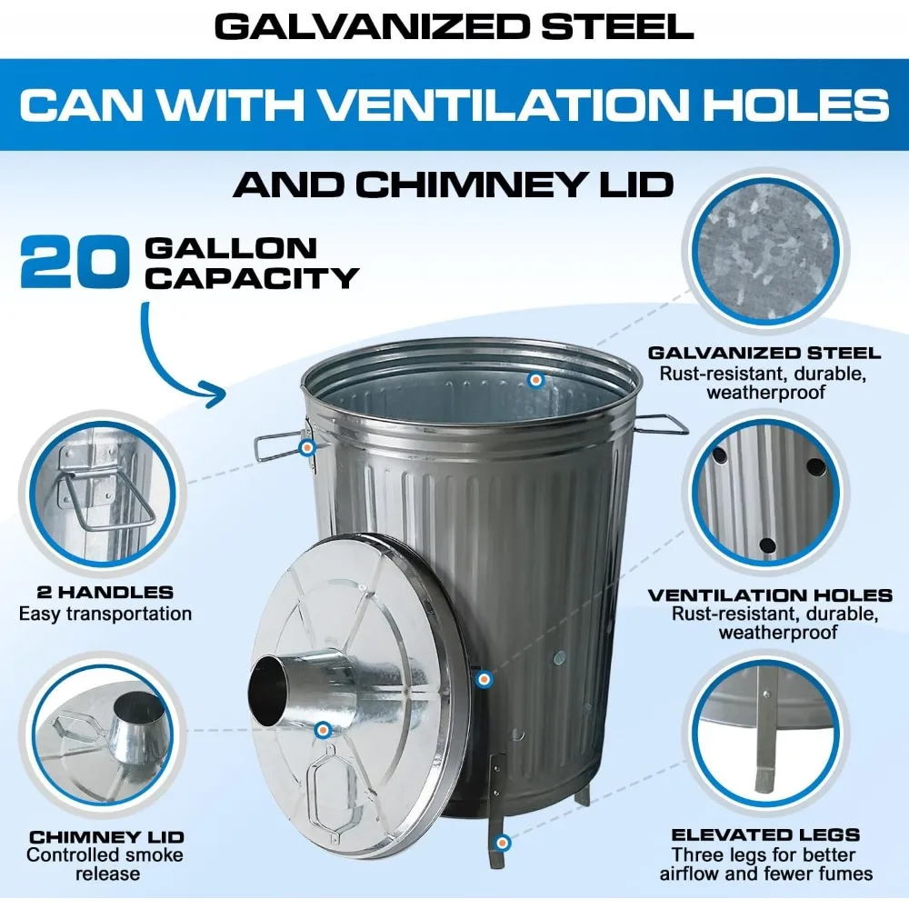 Metal Burn Barrel for Outside Burning Trash Leaves Paper - 20 Gal Galvanized Steel Burn Cage