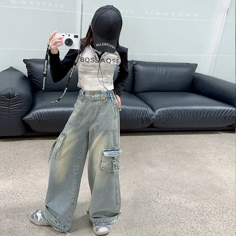 Girls Trousers Tooling Wide-leg Pants 2024 Autumn New Fashion Girl Long-sleeved Base Shirt Fashion Mop Simple Casual Bottoms