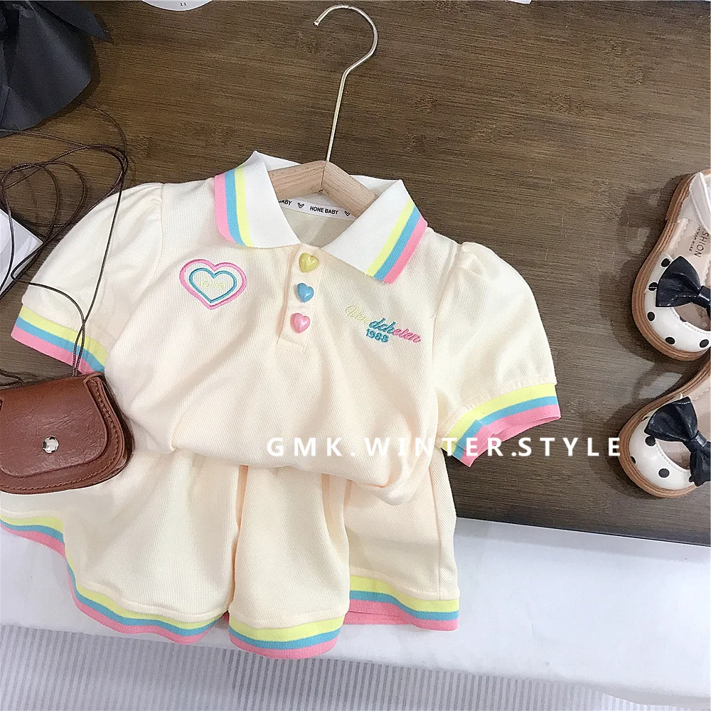 Summer Toddler Girl 2PCS Clothes Set Love Button Embroidery Letter Polo Shirt Loose Striped Contrast Hem Shorts Baby Girl Outfit