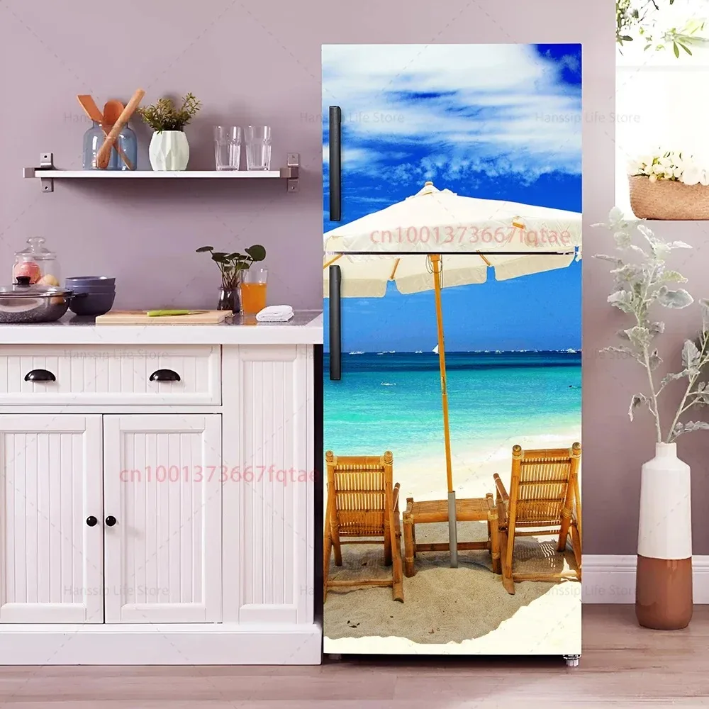 Waterproof Summer Beach Ocean Fridge Door Sticker Self-Adhesive Removable Palm Tree Refrigerator Mural Wrap Kitchen Home Decor