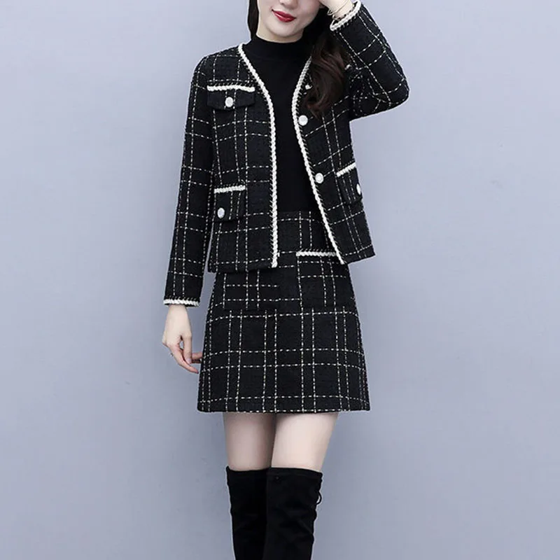 Women\'s Tweed Coat and Skirt Set, Oversized Female Dress Suit, Professional, Casual, Tide, Black, 5XL, New, Spring, Autumn