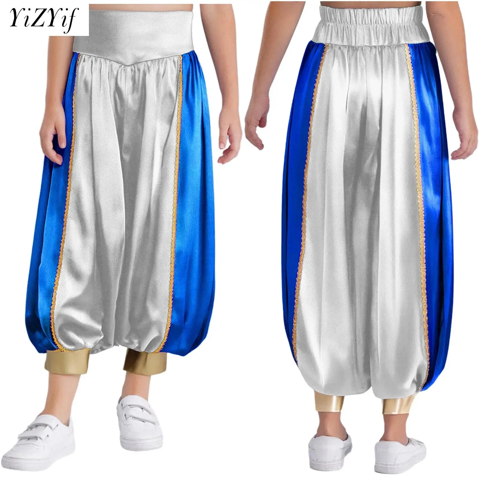 

Girls Boys Satin Belly Dance Pants Color Contrast Loose Harem Bloomers for Performance Halloween Arabian Cosplay Theme Party