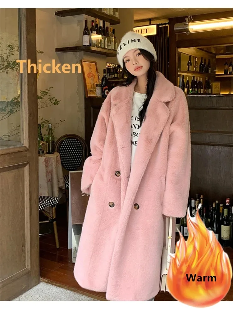 Korean Fashion Thicken Warm Loose Imitate Mink Coats Winter Luxury Streetwear Long Faux Fur Jackets 2024 All-match Soft Overcoat