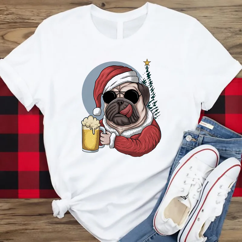 Super Hot Cartoon Dog Christmas T-shirt Casual White Short-sleeved Children's Christmas Clothes Tide Ins Boys  and Girl Clothes