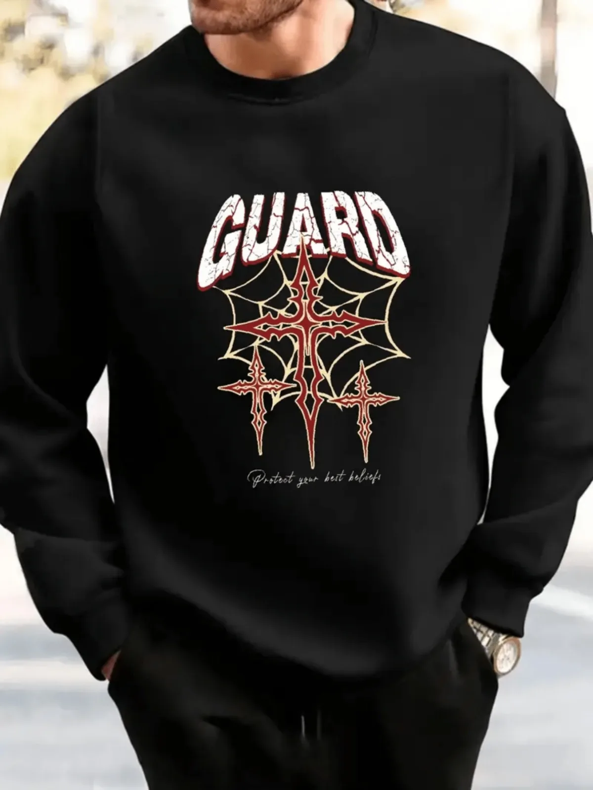 

Мужской пуловер, черный свитшот с круглым вырезом с защитой и крестом, повседневный топ с длинными рукавами для повседневной носки, стильные спортивные топы