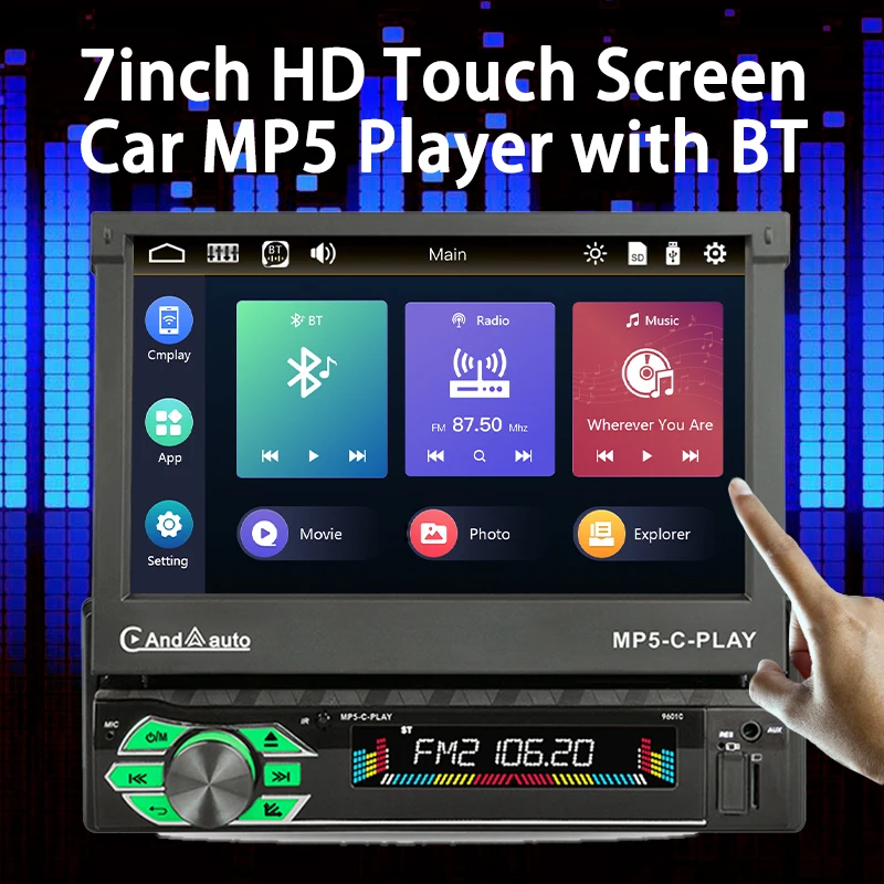 9601C 7 Inch 1DIN Car MP5 Stereo Player Electric Telescopic Screen Wince BT FM TF USB AUX Rear View Infrared Remote
