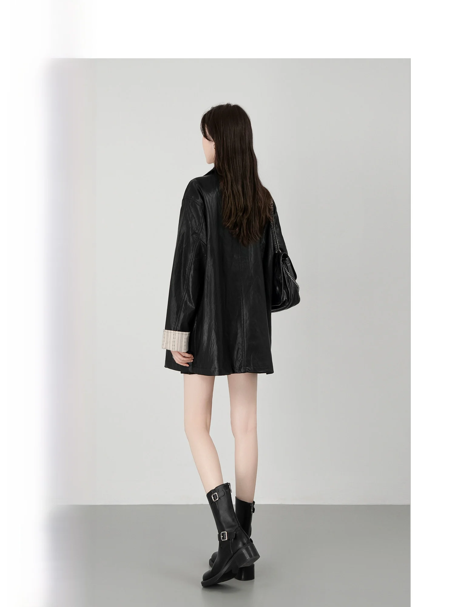 

Wavy Egg Wave Egg Women's Long Jaet Bla Splicing Leather Coat Sli Commute Sle Autumn Faion Outerwear