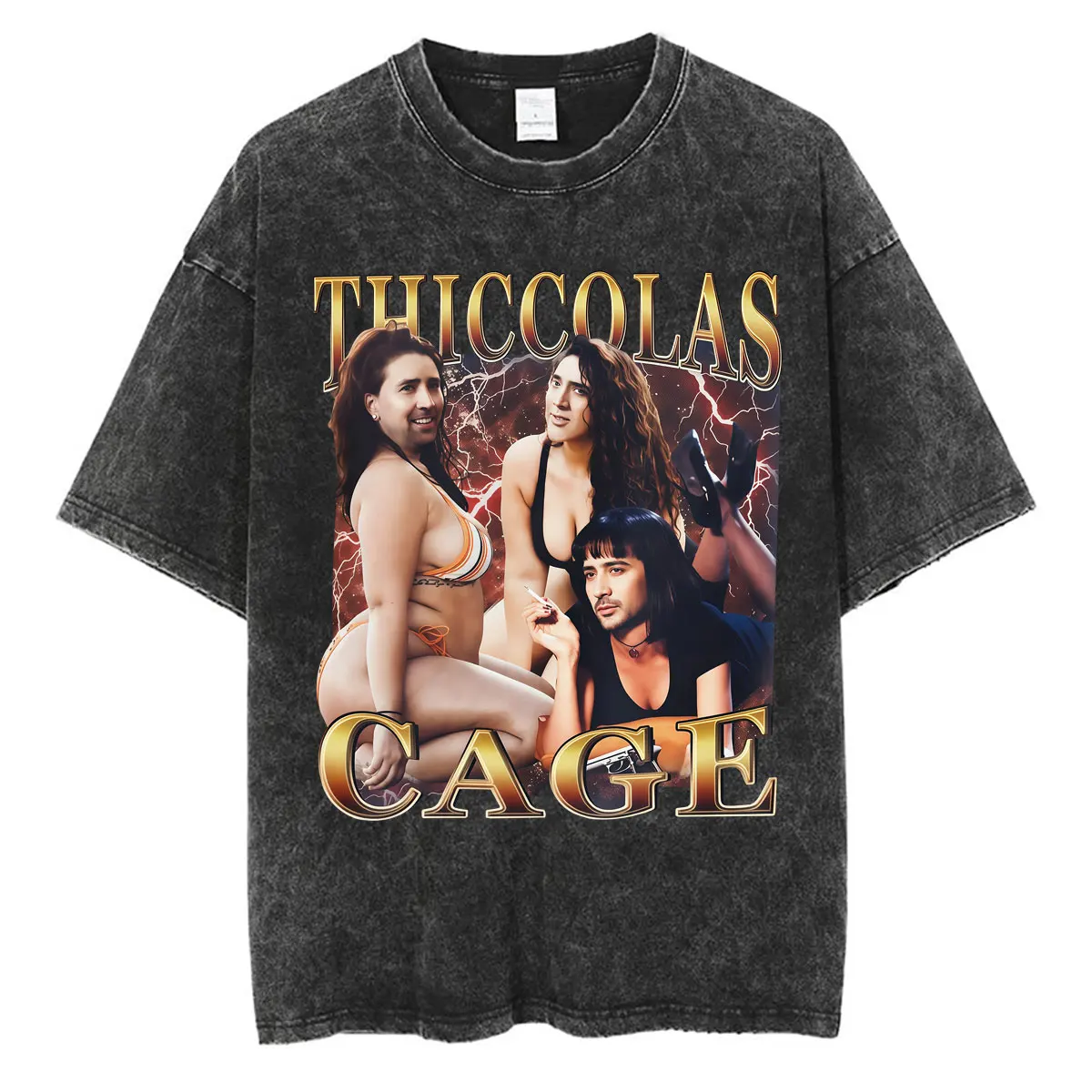 Washed Funny Vintage Thiccolas Cage Nicolas Cage Meme T Shirt Men Women Humor Vintage T-shirt Oversized Cotton Casual T Shirts