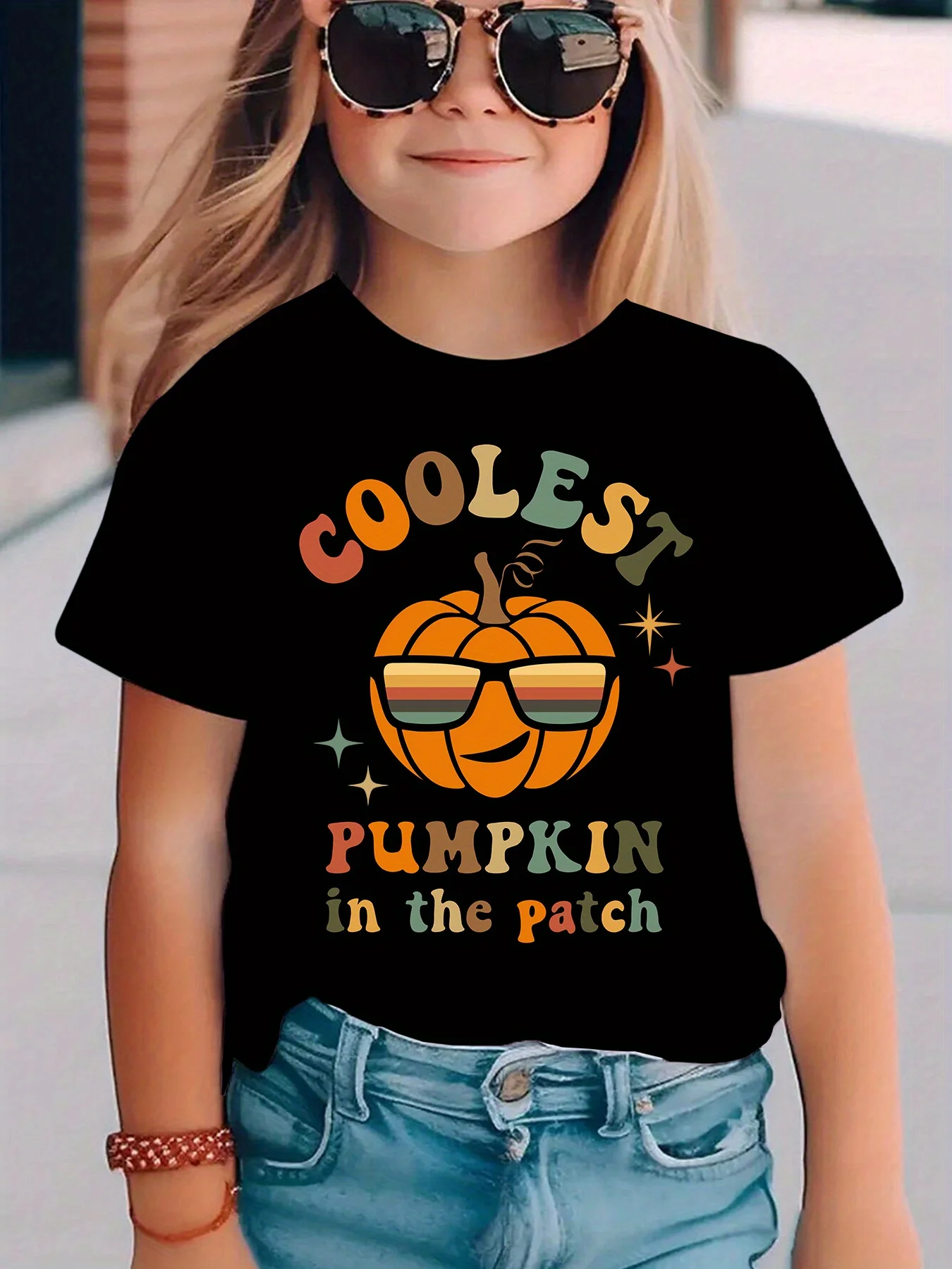 Summer Fashion Girls Short Sleeve T-Shirt Coolest Pumpkin in The Patch Halloween Sunglasses Pumpkin Element Printed Casual Versatile Top