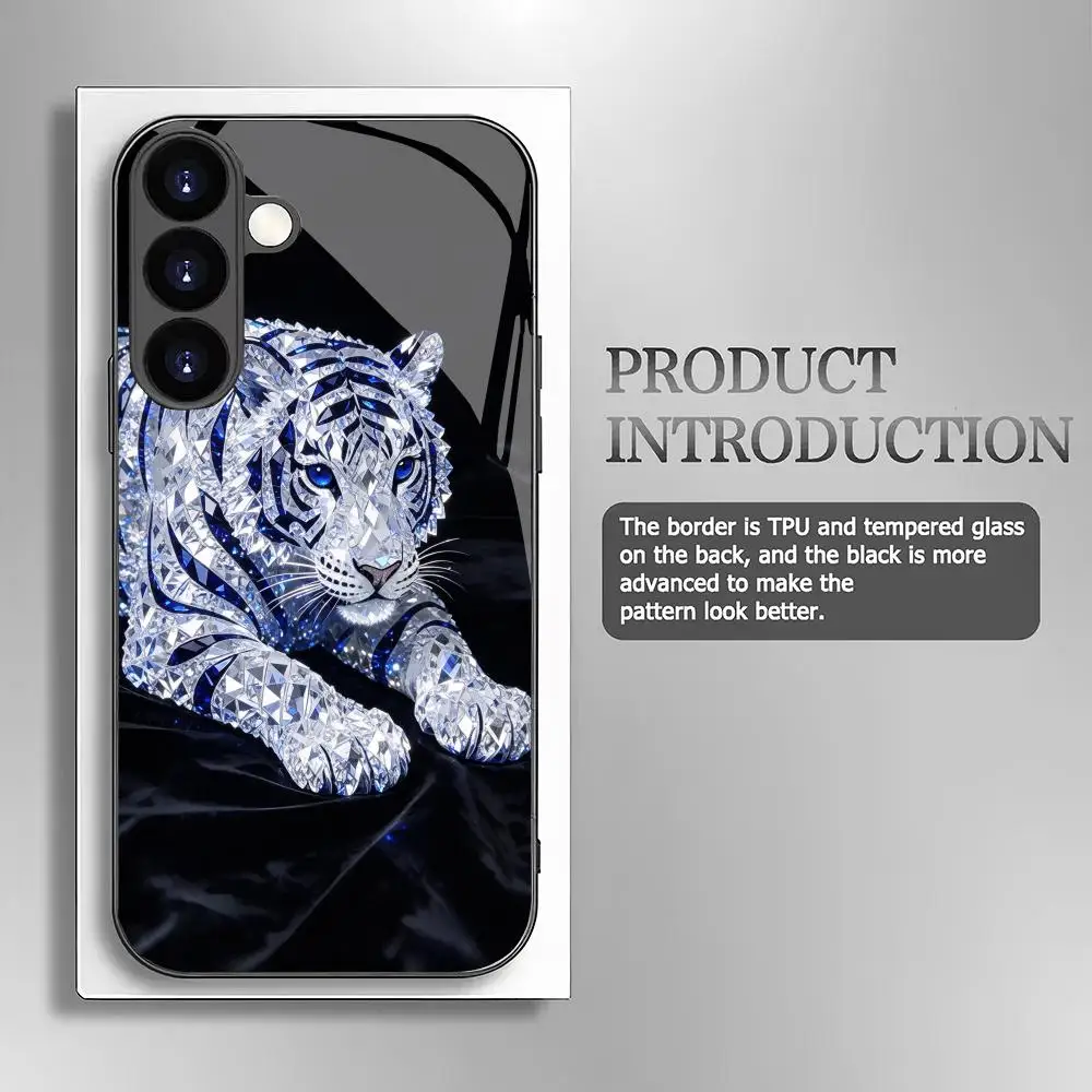Crystal White Tiger Pattern Glass Phone Case Suitable for Samsung Galaxy S26 S25 S24 S22 S21 S20 FE/Ultra/Plus Anti Drop