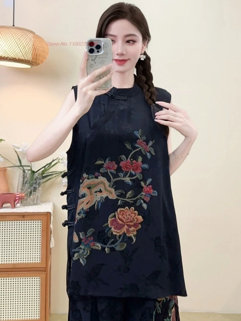 

2025 chinese vintage hanfu tops traditional satin jacquard stand collar vest flower embroidery sleeveless jacket ethnic vest