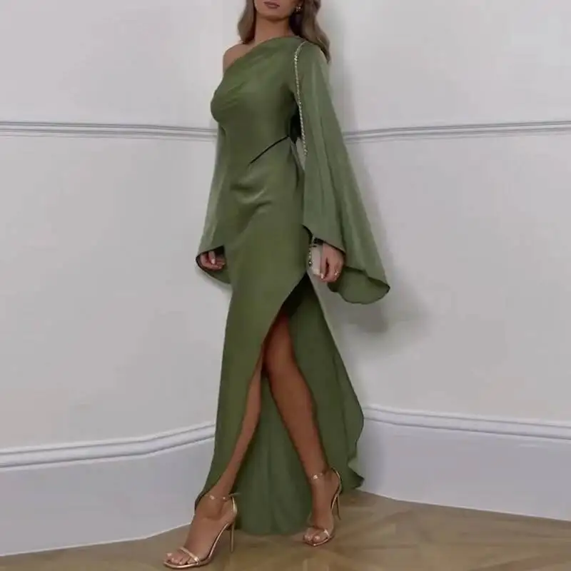 

Sexy Diagonal Collar Dress Women Elegant Solid Irregular Backless Slit Long Dress Autumn Flare Sleeve Off Shoulder Party Dresses