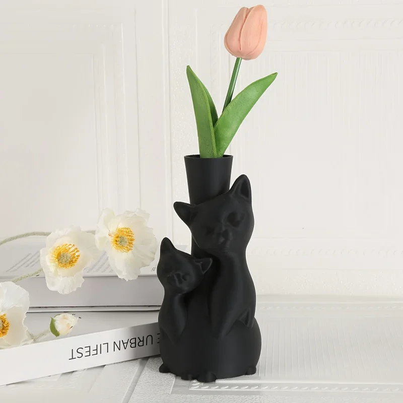 1 Piece Bohemian Cat-Shaped Vase - Black Cylindrical Plastic Home Decoration for Flowers