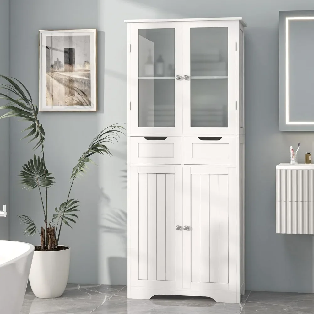 

67" Tall Bathroom Storage Cabinet, Freestanding Linen Cabinet with Glass Doors, Large Bathroom Pantry Cabinet with 2 Drawers