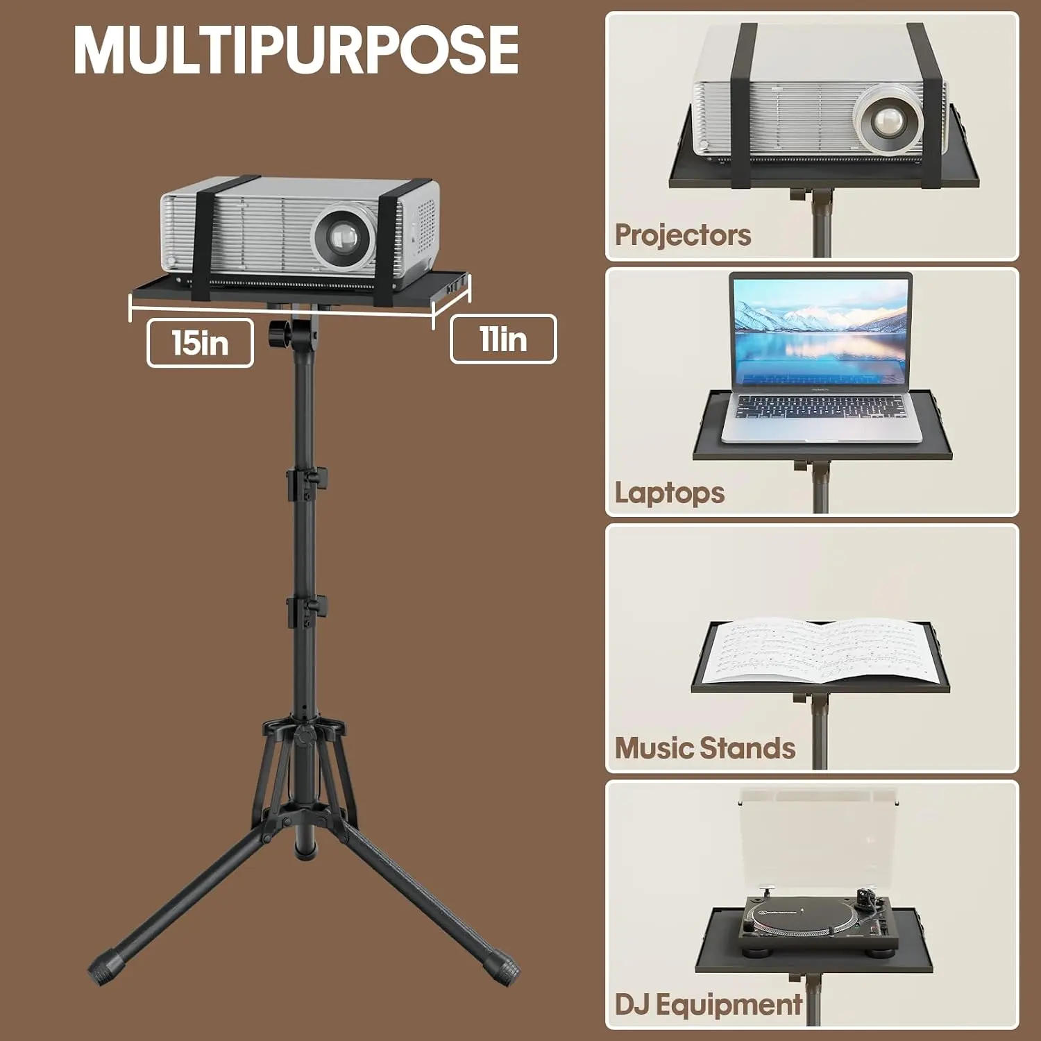 Adjustable Projector Stand 20-61in, Foldable Tripod with Tray & Phone Holder, Portable Laptop Floor Stand for Office Home Stage view 6